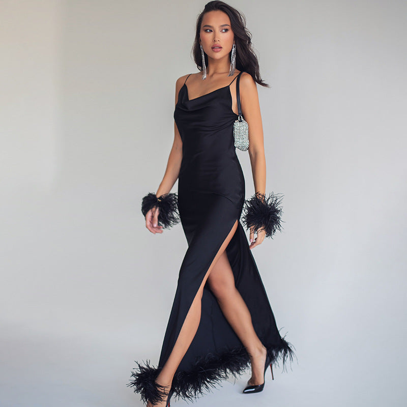 Satin Open Back Slit Long Dress