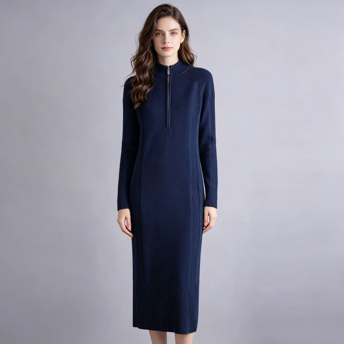 Half zip half high neck mid length skirt