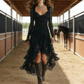 ElegantSolid Color Lace Panel High-Waisted Long Sleeve Square Neck Long Dress