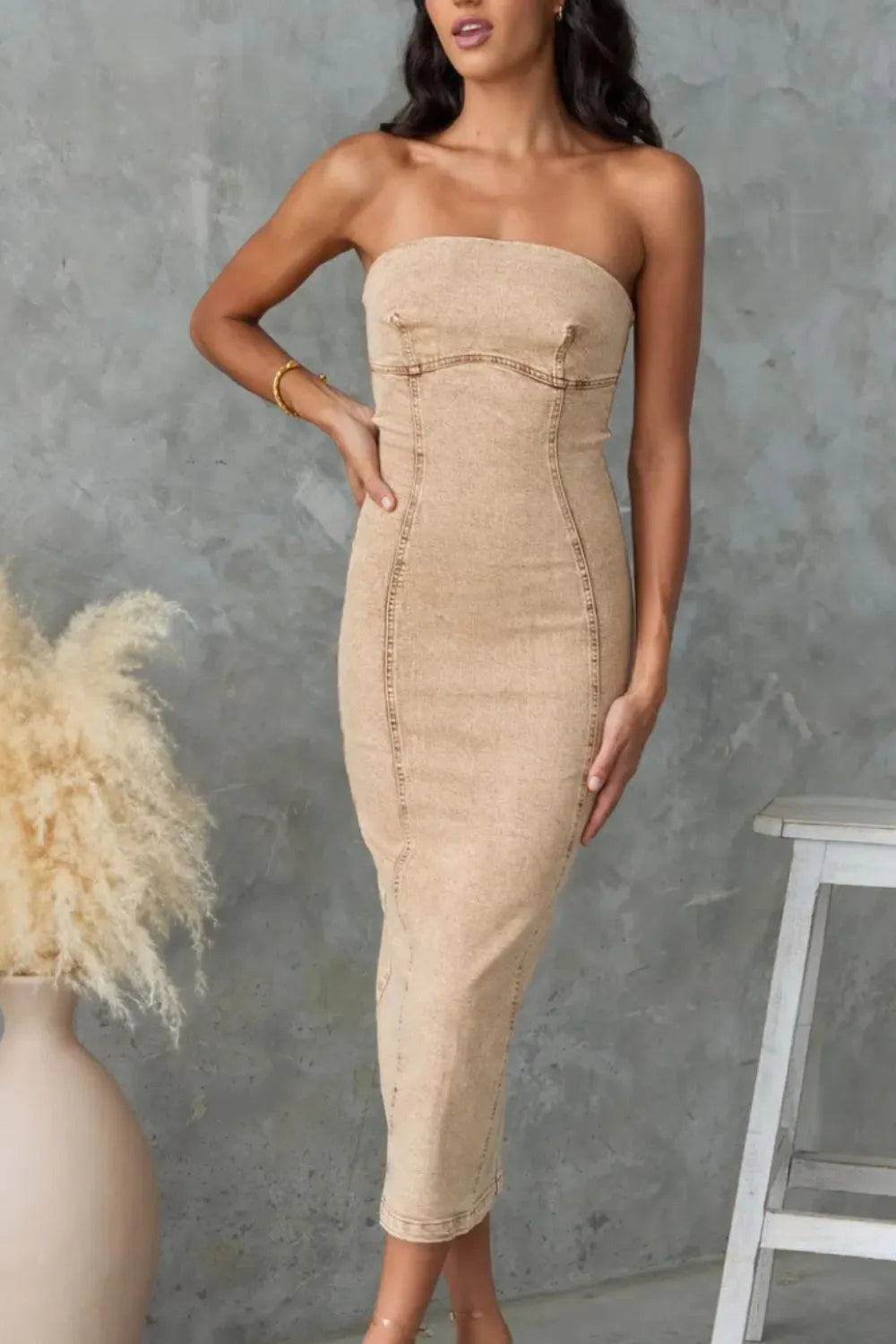 Washed Slit Back Tube Denim Dress
