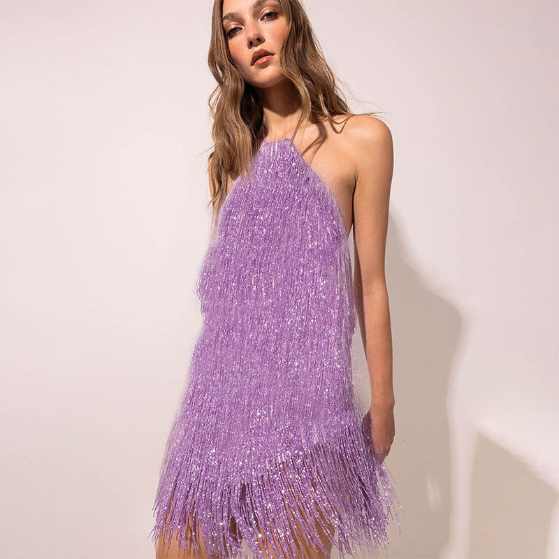 Strappy Back Fringe Evening Dress