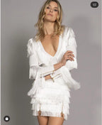 White V-Neck Fringed Long Sleeve Bandage Dress