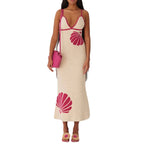 Women's Long Knit Cami Dress Summer Sleeveless Open Back V Neck Shell Print Dresses 90s Clothes Vintage Elegant Slim Long Dress