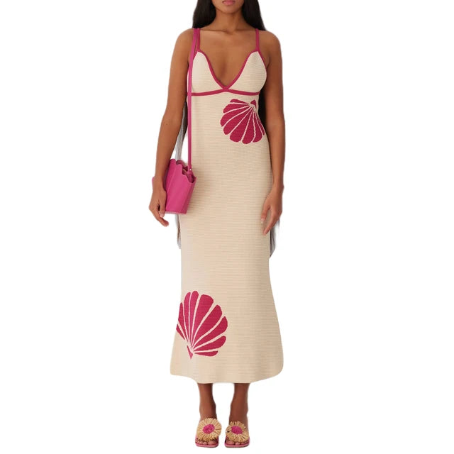 Women's Long Knit Cami Dress Summer Sleeveless Open Back V Neck Shell Print Dresses 90s Clothes Vintage Elegant Slim Long Dress