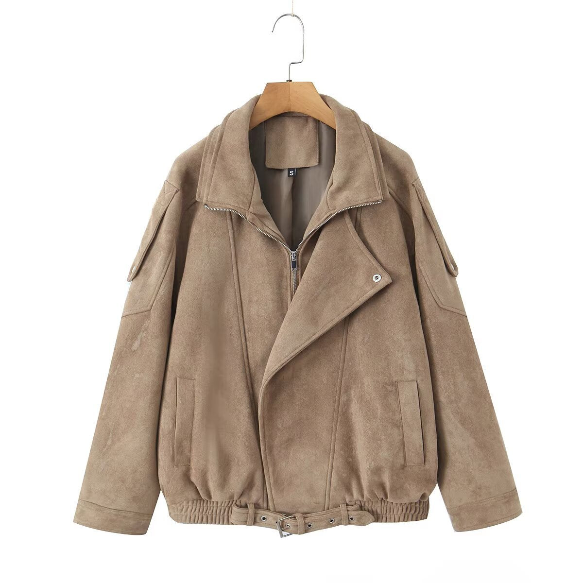 Casual Maillard Long Sleeve Suede Zipper Lapel Oversized Motorcycle Jacket for Women