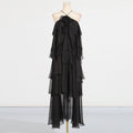 Splicing lotus leaf edge skirt with hanging neck and exposed back design long dress for women