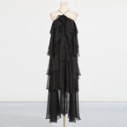 Splicing lotus leaf edge skirt with hanging neck and exposed back design long dress for women