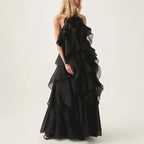 Splicing lotus leaf edge skirt with hanging neck and exposed back design long dress for women