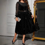 Velvet Dress with Lace Splicing Long SleeveWomen's Fashion Dress