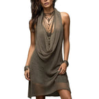Bohemian Beach Vacation Knotted Knit Halter Top Dress Set Mid-Length Two-Piece Outfit