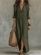 Spring Summer Solid Color Notch Lapel Front Slit Long Dress Casual Shirt Dress Lazy Style