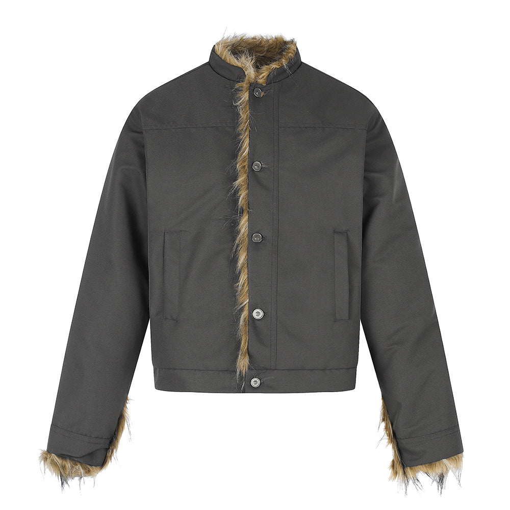 Men's  Casual Padded Jacket Button Closure Fur Trim Stand Collar Loose Fit Short Coat