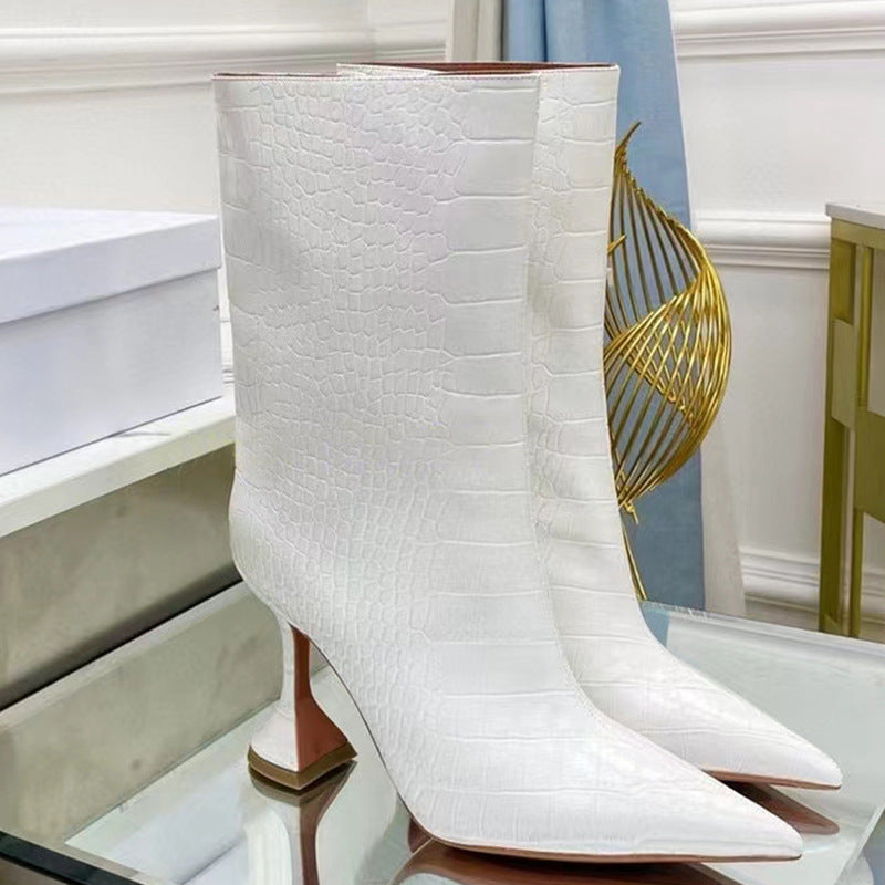 Snake pattern side zipper pointed high heeled wine glass heel knee high boots short boots women's boots