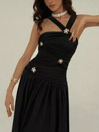 Ruched Sleeveless Maxi Dress with Embellishments
