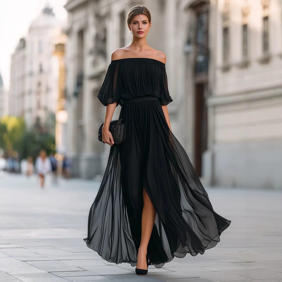 New Black Chiffon Maxi Dress with Split, One-Shoulder Design, Flowing and Draping Skirt