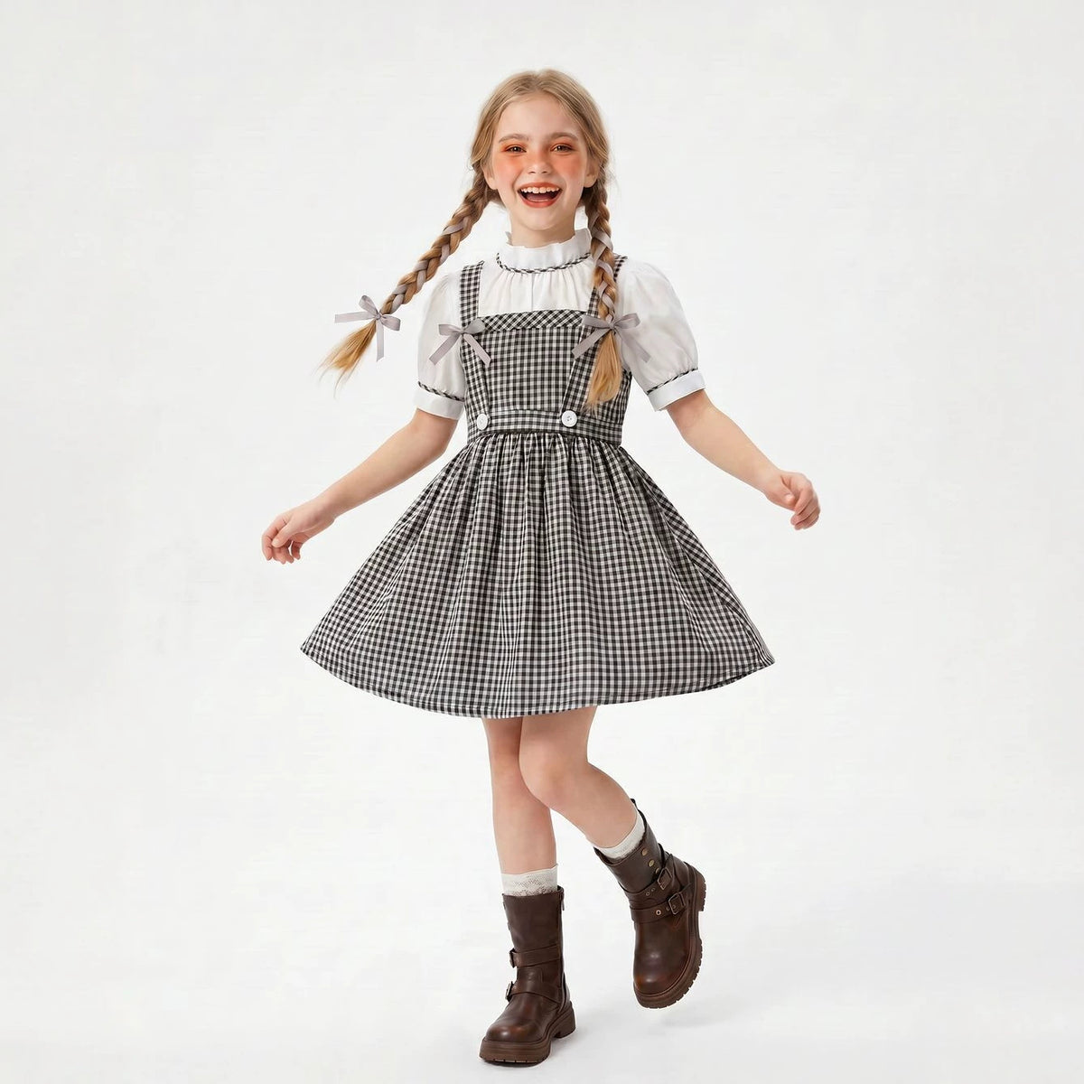 Black and White Checkered Overall Dress Set