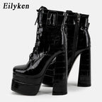 New super high heel square head large women's leather boots with strap and thick heel short boots double waterproof platform boots