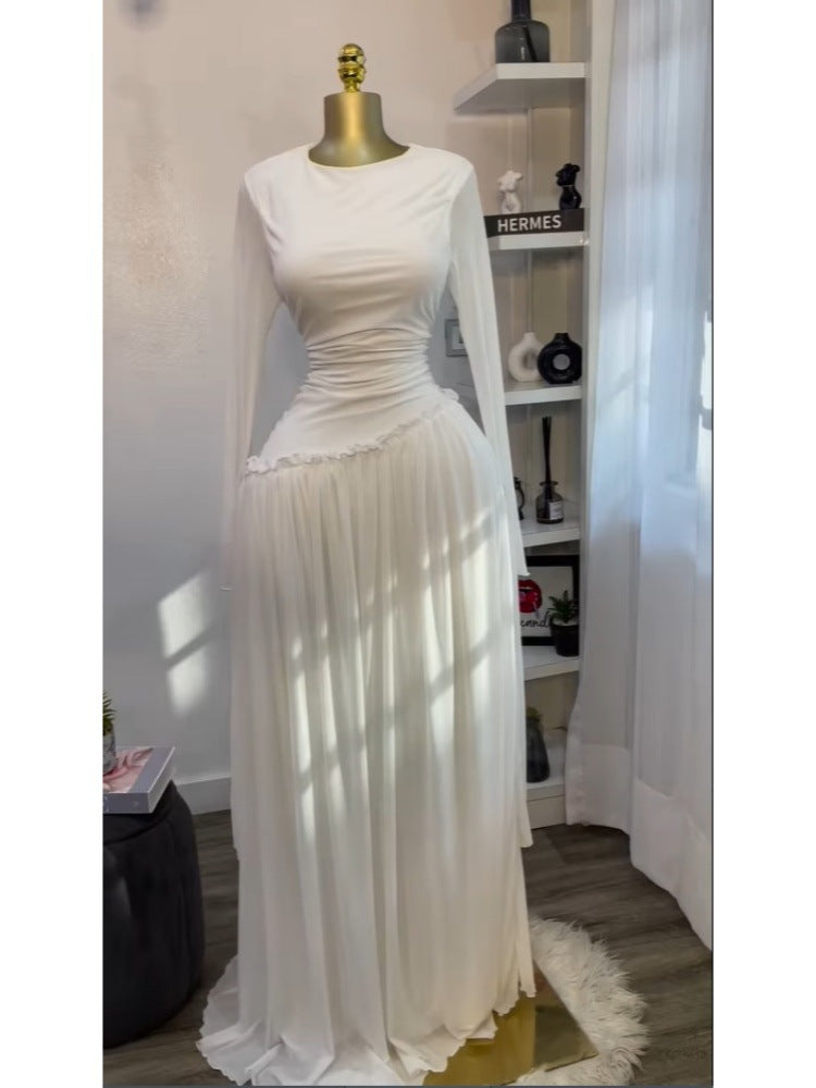 Elegant Long Sleeve Pleated Ruffle Resort Stretchy Maxi Dress