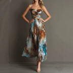Fashionable Elegant Printed Dress with Sexy Straps, Waist-Cinching Flowy Beach Long Dress