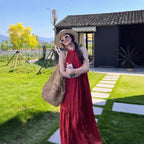 Red Strapless Dress for Women, Summer New Style, Vacation-inspired Design, Back Tie Detail, Elegant Loose Fit, Unique Long Dress