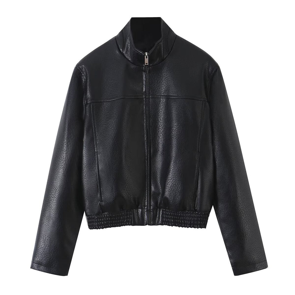 Long Sleeve PU Leather Zipper Lapel Loose Cropped Women's Jacket
