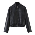Long Sleeve PU Leather Zipper Lapel Loose Cropped Women's Jacket