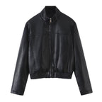 Long Sleeve PU Leather Zipper Lapel Loose Cropped Women's Jacket