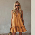Vintage Vacation Style V-Neck Sleeveless Ruffle Loose Dress