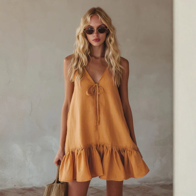 Vintage Vacation Style V-Neck Sleeveless Ruffle Loose Dress