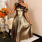 Slanted collar shiny dress