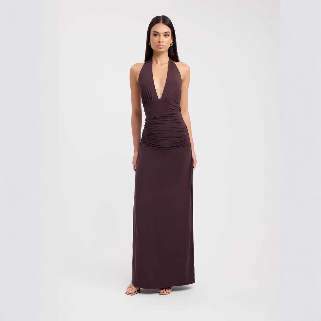 Deep V-Neck Tied Back Slit Solid Color Fitted Long Dress