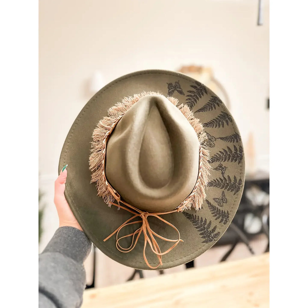 Western Burnt Felt Cowgirl Hat with Fern & Butterfly Design