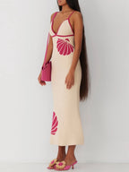 Women's Long Knit Cami Dress Summer Sleeveless Open Back V Neck Shell Print Dresses 90s Clothes Vintage Elegant Slim Long Dress