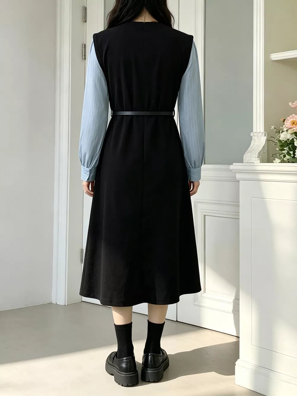 Contrast Sleeve A-Line Dress with Belt