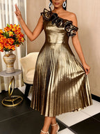 Slanted collar shiny dress