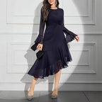 Elegant Round Neck Dress with Irregular Ruffle Pleats Slim Fit Long Sleeve New Style