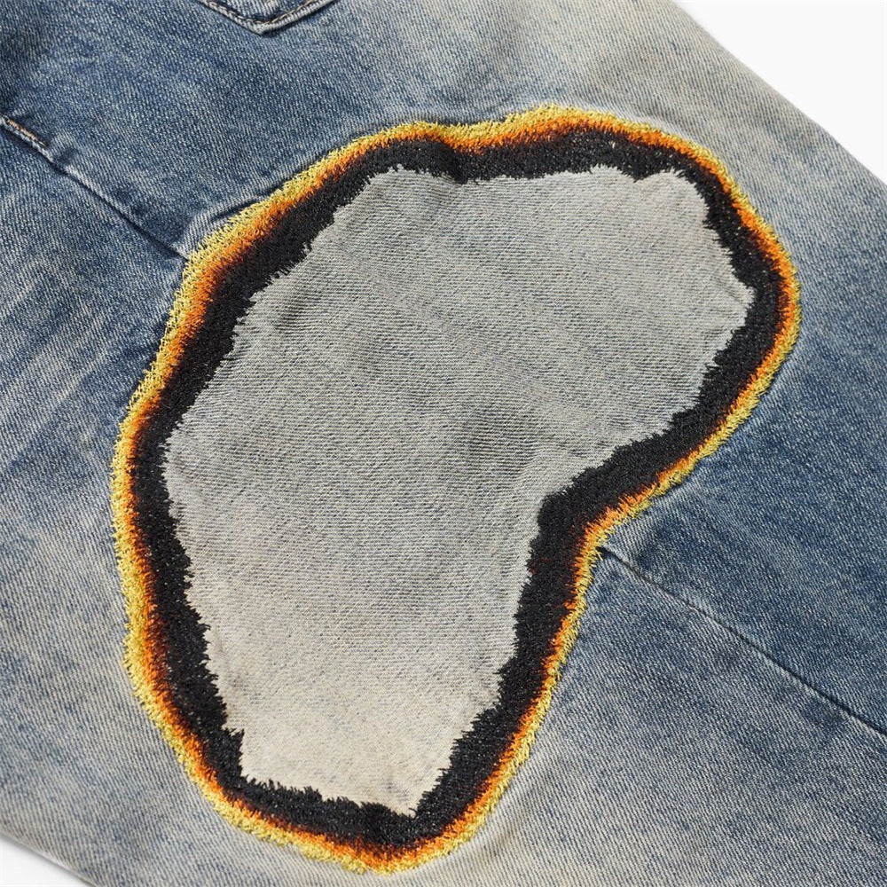Men's Distressed Faded Wash Denim Jeans with Embroidery Patches - Loose Straight Leg Hip Hop Style