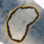 Men's Distressed Faded Wash Denim Jeans with Embroidery Patches - Loose Straight Leg Hip Hop Style