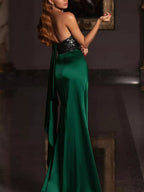 One-Shoulder Sequin Bodice Satin Gown with High Slit