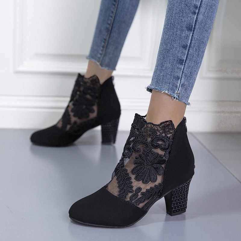 Lace Mesh High-Heeled Sandals Women European and American Style Round Toe Chunky Heel Roman Sandals Wholesale