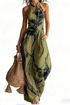 New halter backless jumpsuit, blue and white tie-dye wide-leg pants, summer beach women's wear
