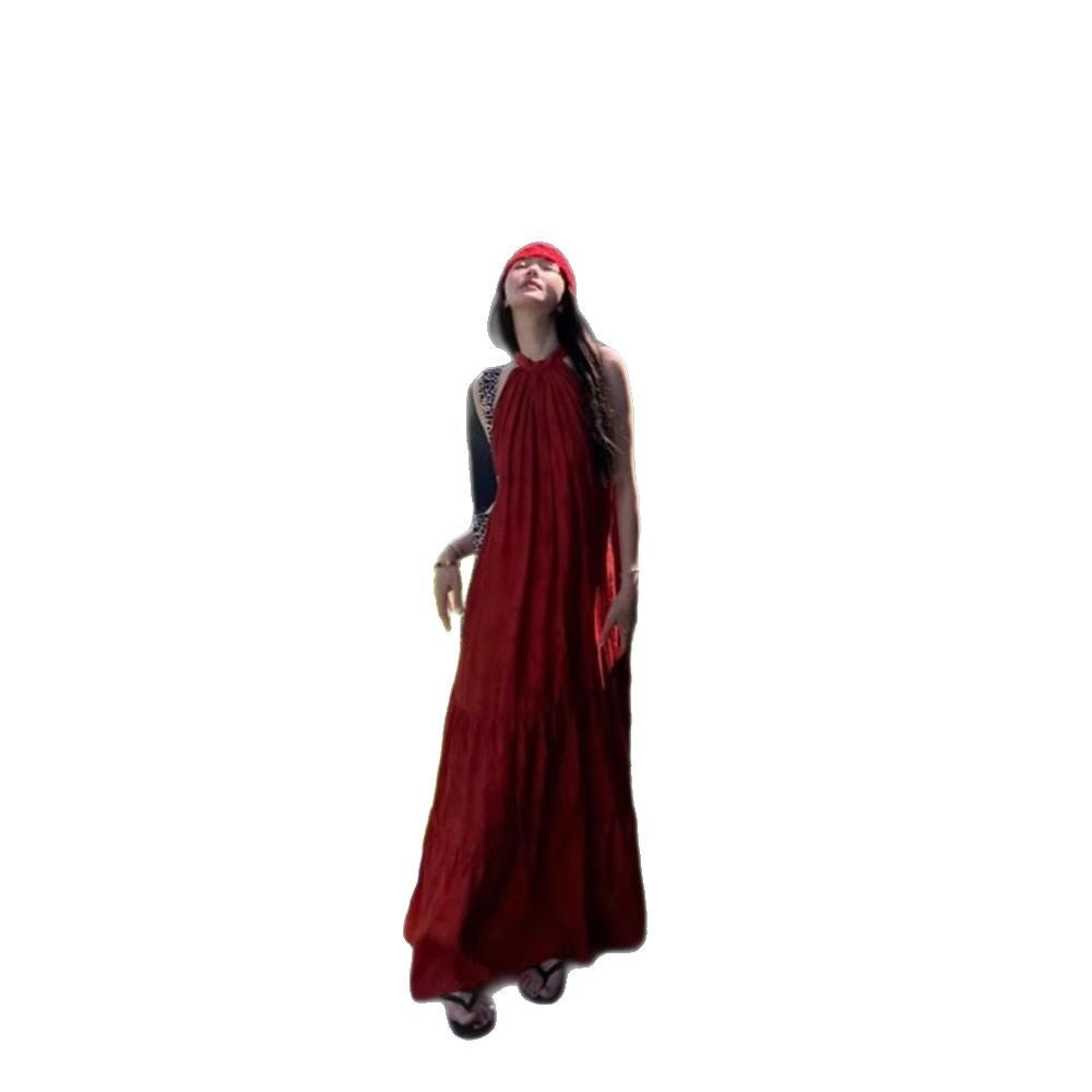 Red Strapless Dress for Women, Summer New Style, Vacation-inspired Design, Back Tie Detail, Elegant Loose Fit, Unique Long Dress