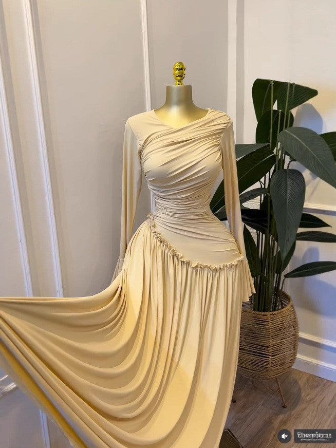 Elegant Long Sleeve Pleated Ruffle Resort Stretchy Maxi Dress