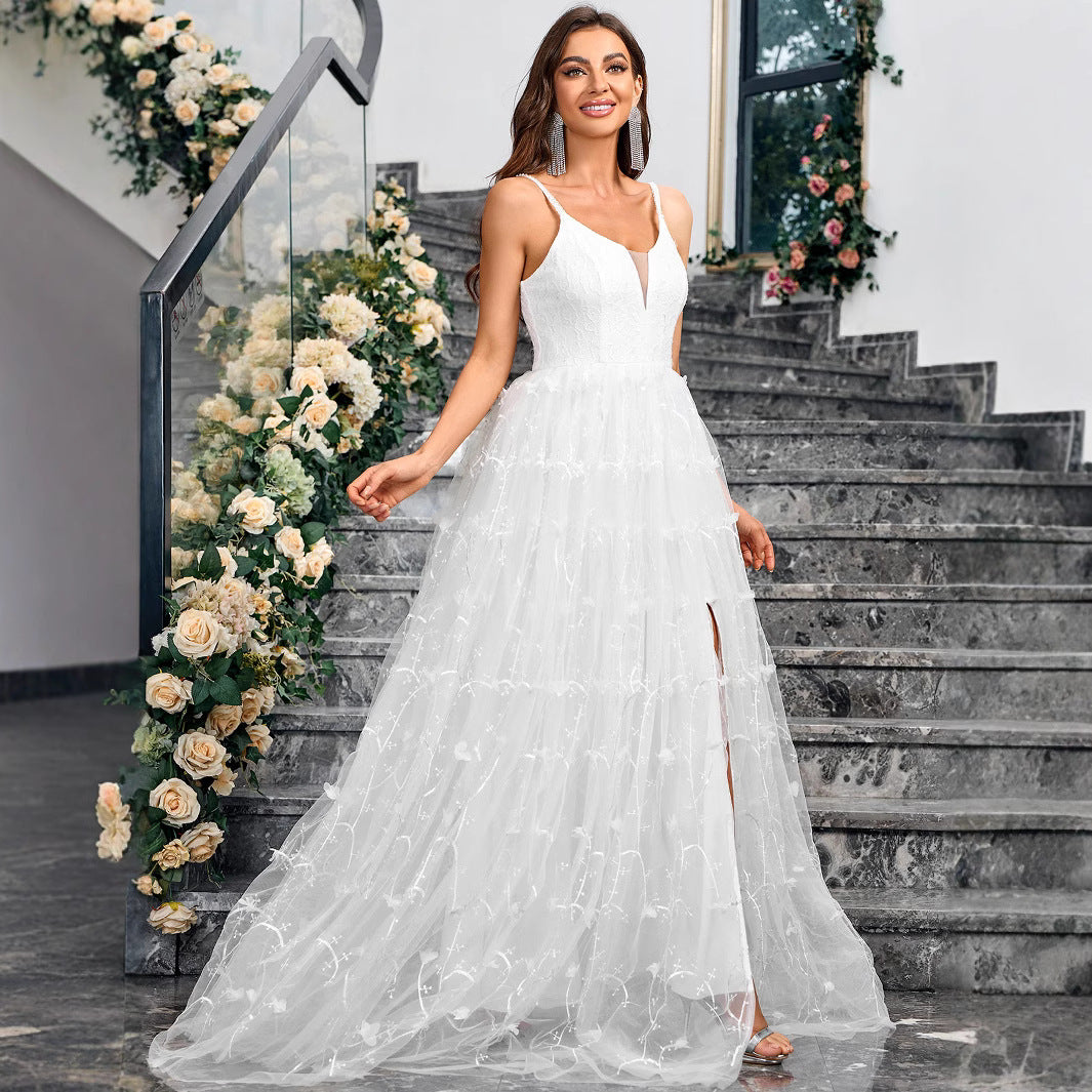 Summer new mesh dress V-neck back tie solid color elegant and graceful dress