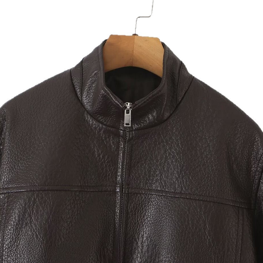 Long Sleeve PU Leather Zipper Lapel Loose Cropped Women's Jacket