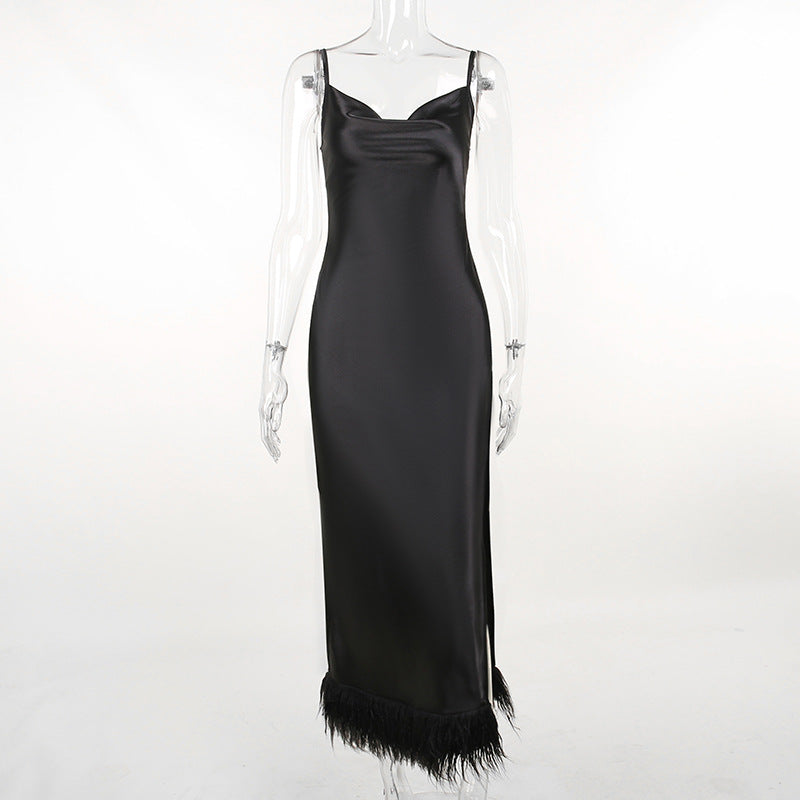 Satin Open Back Slit Long Dress