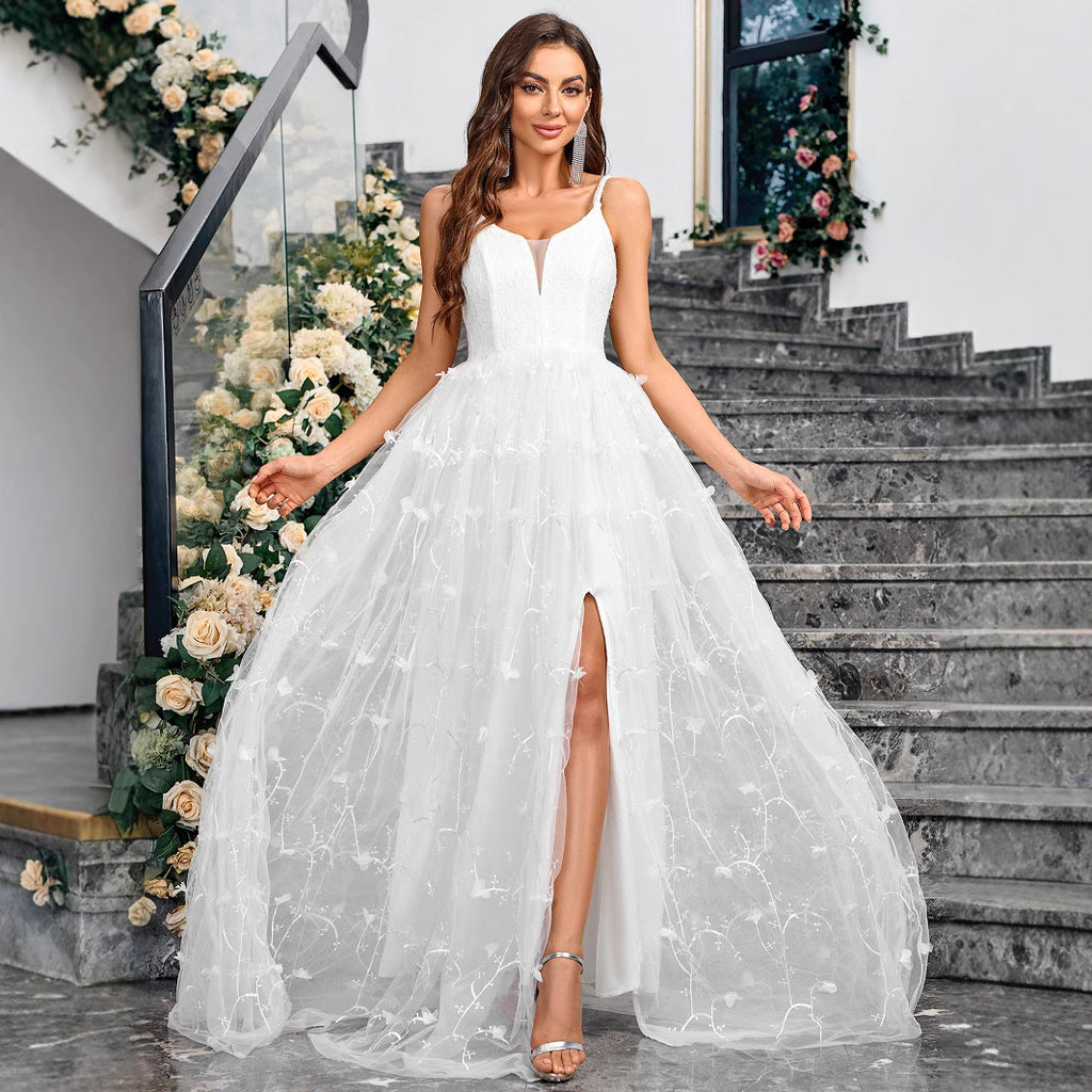 Summer new mesh dress V-neck back tie solid color elegant and graceful dress