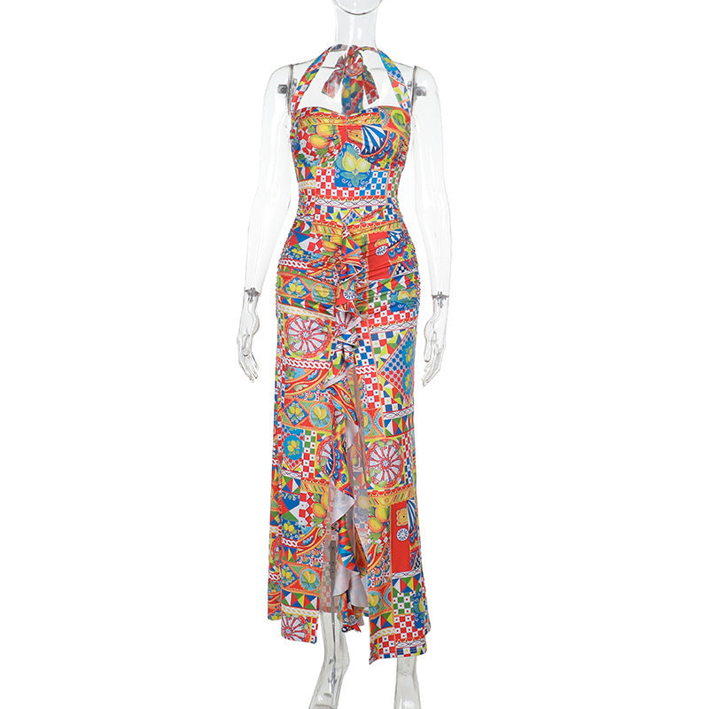 Chic Printed Halter Tie-Back Backless Casual Fashion Bodycon Dress