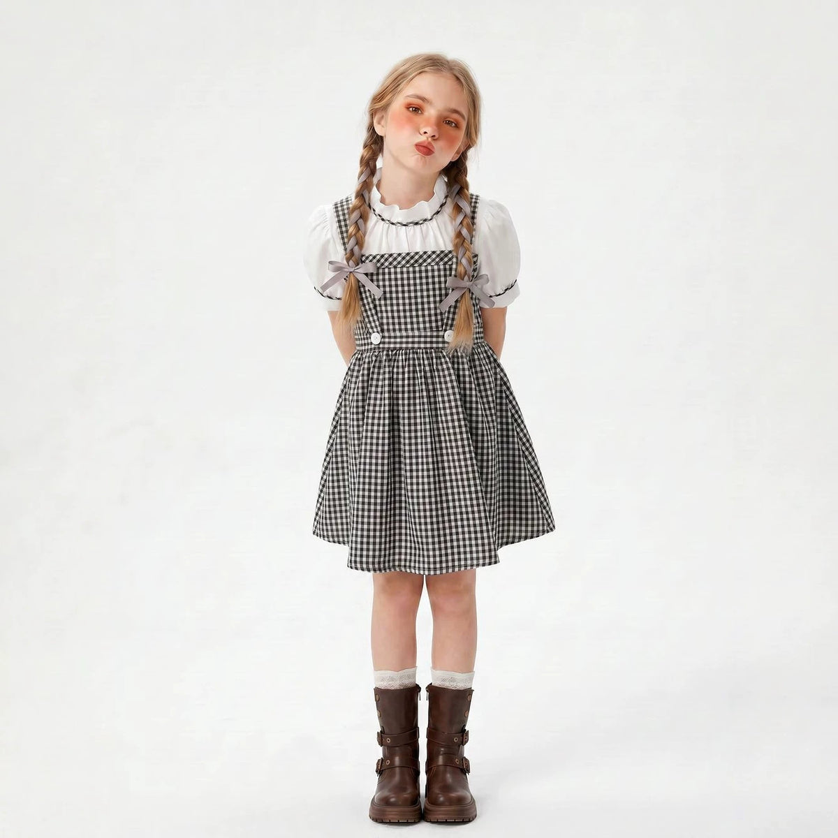 Black and White Checkered Overall Dress Set