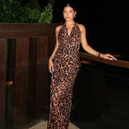 Leopard Print Halter Tie-Back Backless Long Dress